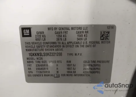 2017 GMC Acadia Sle-2 z USA, uszkodzony, nr VIN 1GKKNSLS0HZ221208